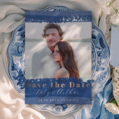 Boho Blue, White & Gold Save the Date