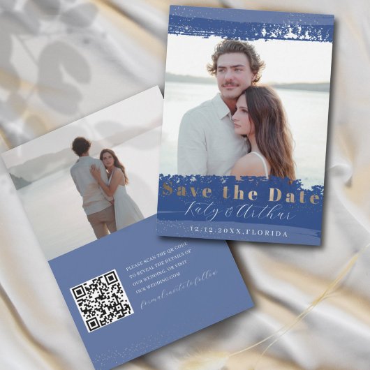 Boho Blue, White & Gold Save the Date