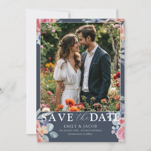 Boho Blue & White Rose Floral Save the Date (Vorderseite)