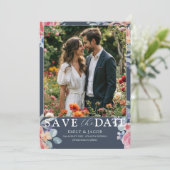Boho Blue & White Rose Floral Save the Date (Stehend Vorderseite)
