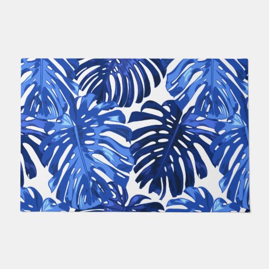 Boho Blue White Tropical Blätter Muster Fußmatte (Vorderseite)