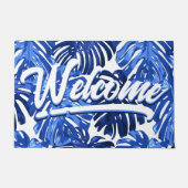 Boho Blue White Tropical Leaves Script Willkommen Fußmatte (Vorderseite)