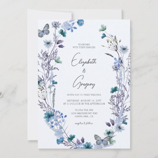 Boho Blue Wildblume Butterfly Wedding Einladung (Vorderseite)