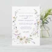 Boho Blue Wildblume Wedding Einladung (Stehend Vorderseite)