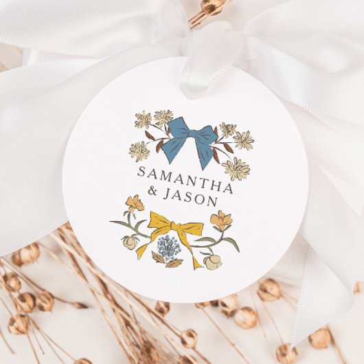Boho Blue Yellow Bow Floral Gastgeschenk Hochzeit  Geschenkanhänger