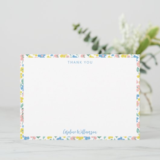 Boho Blue Yellow Ditsy Floral Custom Baby Dusche Dankeskarte (Stehend Vorderseite)