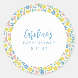 Boho Blue Yellow Ditsy Floral Custom Baby Dusche Runder Aufkleber