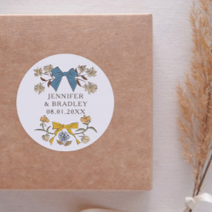 Boho Blue Yellow Ribbons Floral Gastgeschenk Hochz Runder Aufkleber