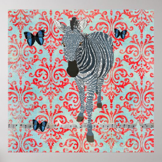 Boho Blue Zebra & Butterfliegen Damask Poster (Vorne)