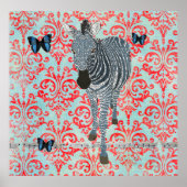 Boho Blue Zebra & Butterfliegen Damask Poster (Vorne)