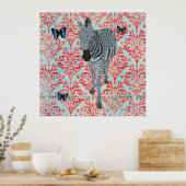 Boho Blue Zebra & Butterfliegen Damask Poster (Küche)