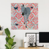 Boho Blue Zebra & Butterfliegen Damask Poster (Heimbüro)