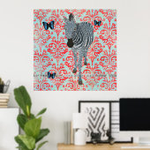Boho Blue Zebra & Butterfliegen Damask Poster (Heimbüro)
