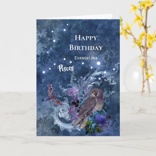 Boho Blue Zodiac Pisces Constellation Birthday Karte (Gelbe Blume)