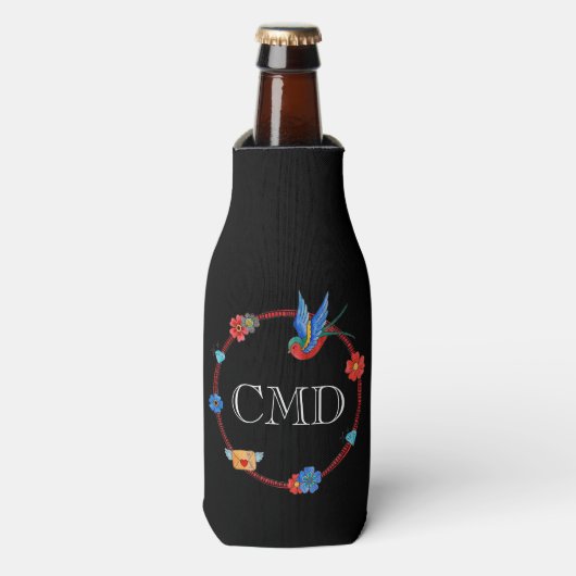 Boho Bluebird Custom Monogram Flaschenkühler (Flaschenvorderseite)