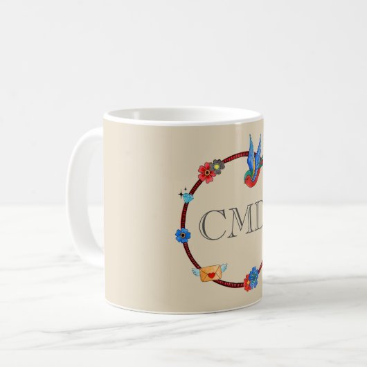 Boho Bluebird Monogram Kaffeetasse (Vorderseite Links)