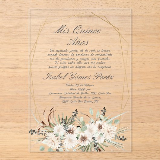 Boho Blume Acryl Quinceanera Einladung (Vorderseite)