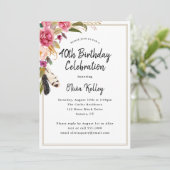 Boho Blume and Feathers Rustikaler 40. Geburtstag Einladung (Stehend Vorderseite)