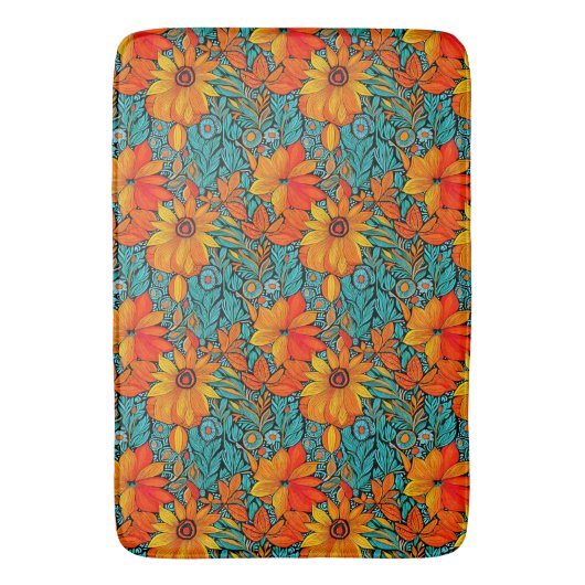 Boho Blume Blue und Orange Badematte (Vorderseite Vertikal)