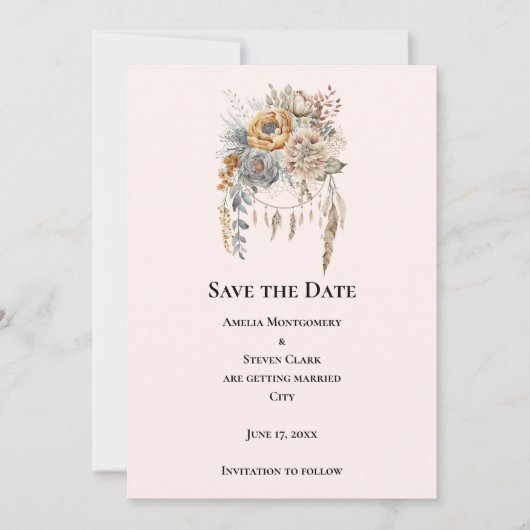 Boho Blume Bouquet in neutralen Farben Hochzeit Save The Date (Vorderseite)