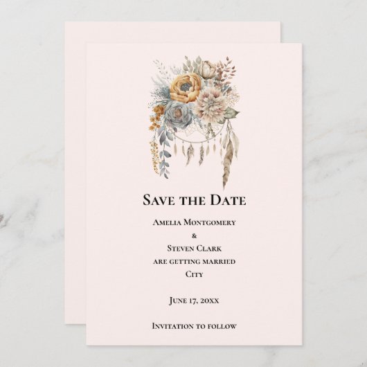 Boho Blume Bouquet in neutralen Farben Hochzeit Save The Date (Vorne/Hinten)