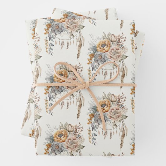 Boho Blume Bouquet und Dreamcatcher Pattern Geschenkpapier Set (Beispiel)