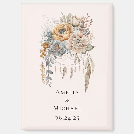 Boho Blume Bouquet und Dreamcatcher Save the Date Magnet (Vorderseite)