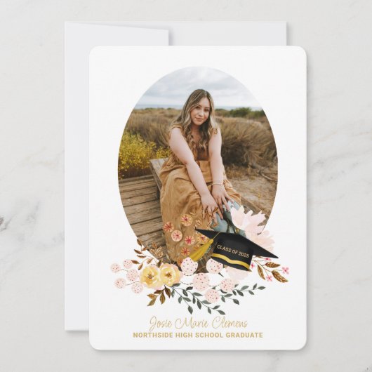 Boho Blume & Cap Abschluss Foto Einladung (Vorderseite)