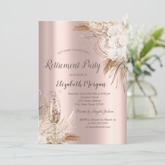 Boho-Blume, Champagner-Glas, Rose-Gold-Rente Einladung (Stehend Vorderseite)