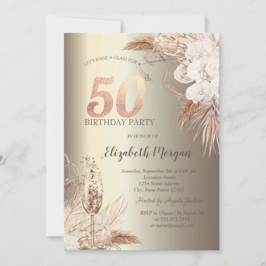 Boho Blume, Champagner Glass Gold 50. Einladung (Vorderseite)