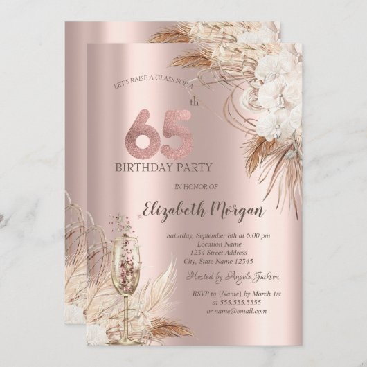 Boho Blume, Champagnerglas, Rose Gold 65. Einladung (Vorne/Hinten)