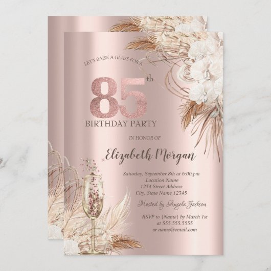 Boho Blume, Champagnerglas, Rose Gold 85. Einladung (Vorne/Hinten)