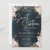 Boho Blume Confetti Dark Blue Sweet 16 Einladung (Vorderseite)