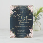 Boho Blume Confetti Dark Blue Sweet 16 Einladung (Stehend Vorderseite)