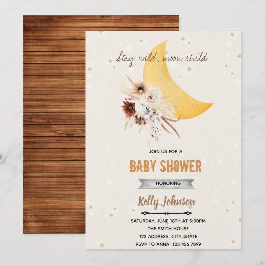 Boho-Blume-Dusche bleibe Wildmondkinder  Einladung (Vorne/Hinten)