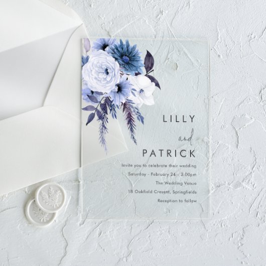 Boho Blume Dusty Blue & White Wedding Acryleinladungen