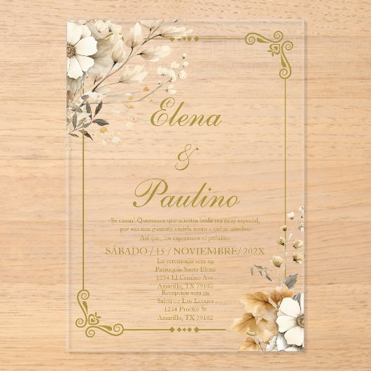 Boho Blume Elegante Hochzeit Einladung auf Spanisc (Vorderseite)