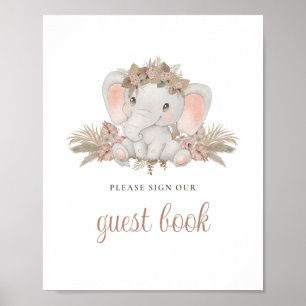 Boho Blume Elephant Baby Shower Guest Book Sign Poster