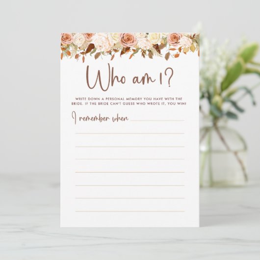 Boho Blume fallen, wer ich bin, Brautparty Game Ca Einladung (Stehend Vorderseite)