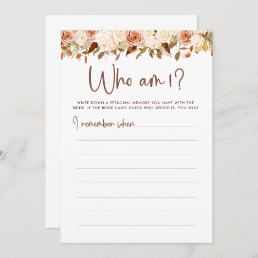 Boho Blume fallen, wer ich bin, Brautparty Game Ca Einladung (Vorne/Hinten)