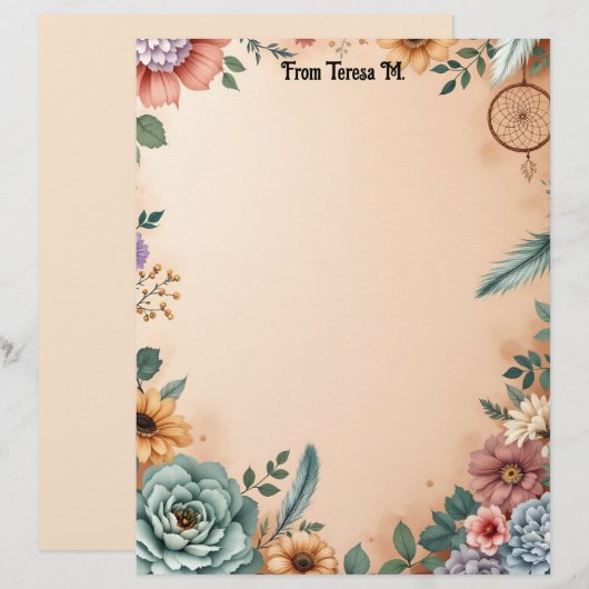 Boho Blume Feathers and Dreamcatcher Briefbogen (Vorne/Hinten)