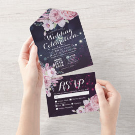Boho Blume Feathers Lila Sparkle Wedding RSVP All In One Einladung