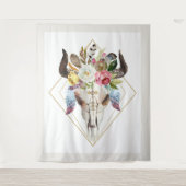 Boho Blume & Federn geometrischer Stielschädel Wandteppich (Vorderseite)