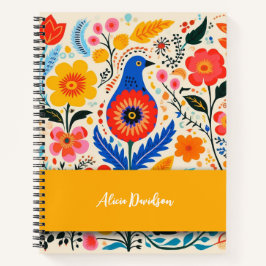 Boho Blume Folk Blue Bird | Dein Name Notizblock