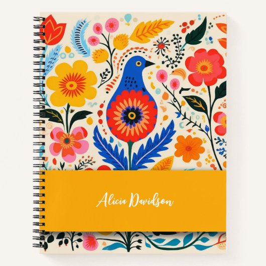 Boho Blume Folk Blue Bird | Dein Name Notizblock (Vorderseite)