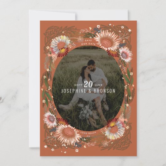 Boho Blume Foto Save the Date Karte (Vorderseite)