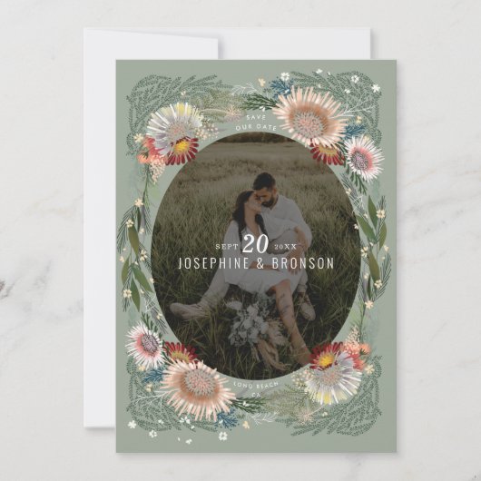 Boho Blume Foto Save the Date Karte (Vorderseite)