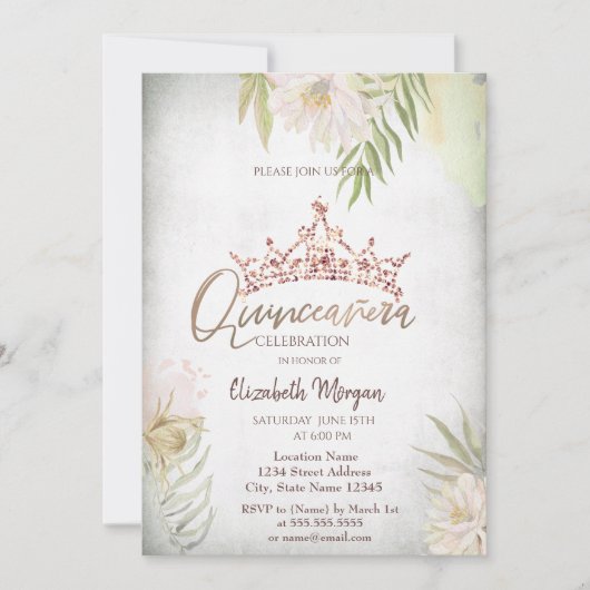 Boho Blume Glitzer Crown Quinceañera Einladung (Vorderseite)