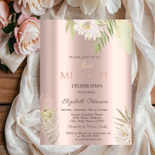 Boho Blume Glitzer Tropfen Rose Gold Bat Mitzvah Einladung