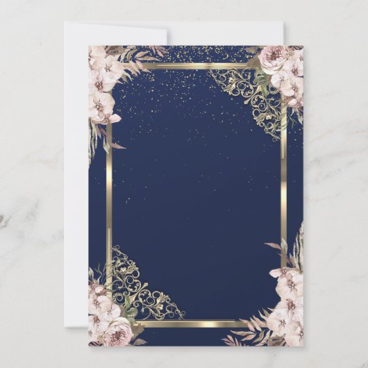 Boho Blume Gold Frame Navy Blue Retirement Einladung (Rückseite)